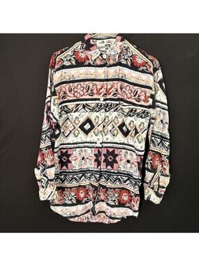 Krazy Kat 100% Rayon Women's Button Up Blouse Size S Folk Art Boho Patchwork
